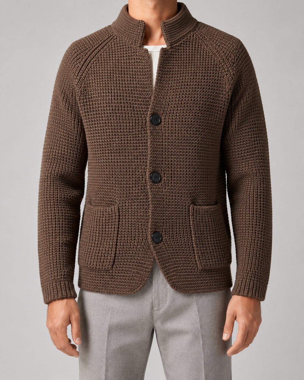 Men’s Chunky Knit Cardigan with Stand Collar