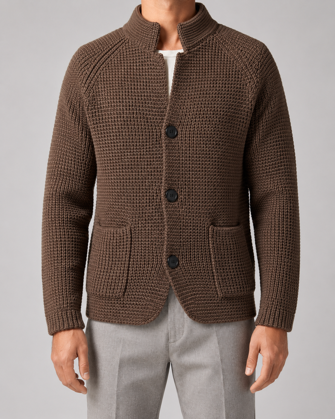 Men’s Chunky Knit Cardigan with Stand Collar