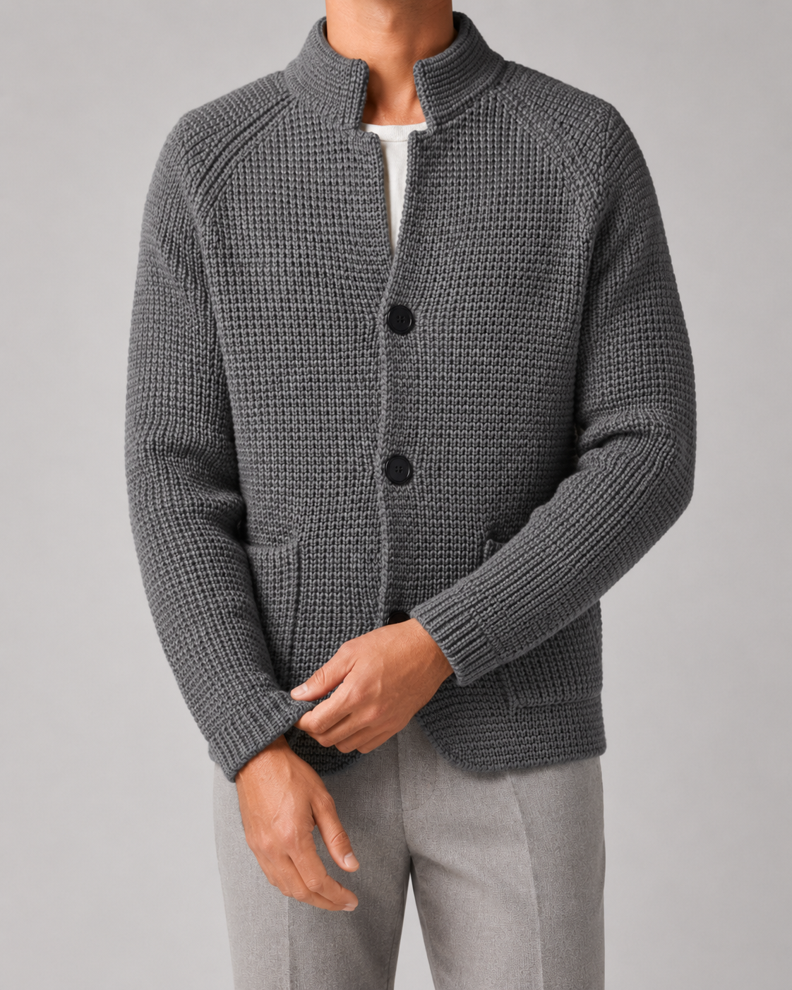 Men’s Chunky Knit Cardigan with Stand Collar