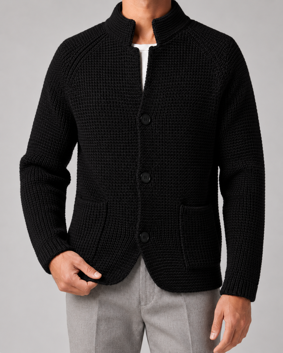 Men’s Chunky Knit Cardigan with Stand Collar
