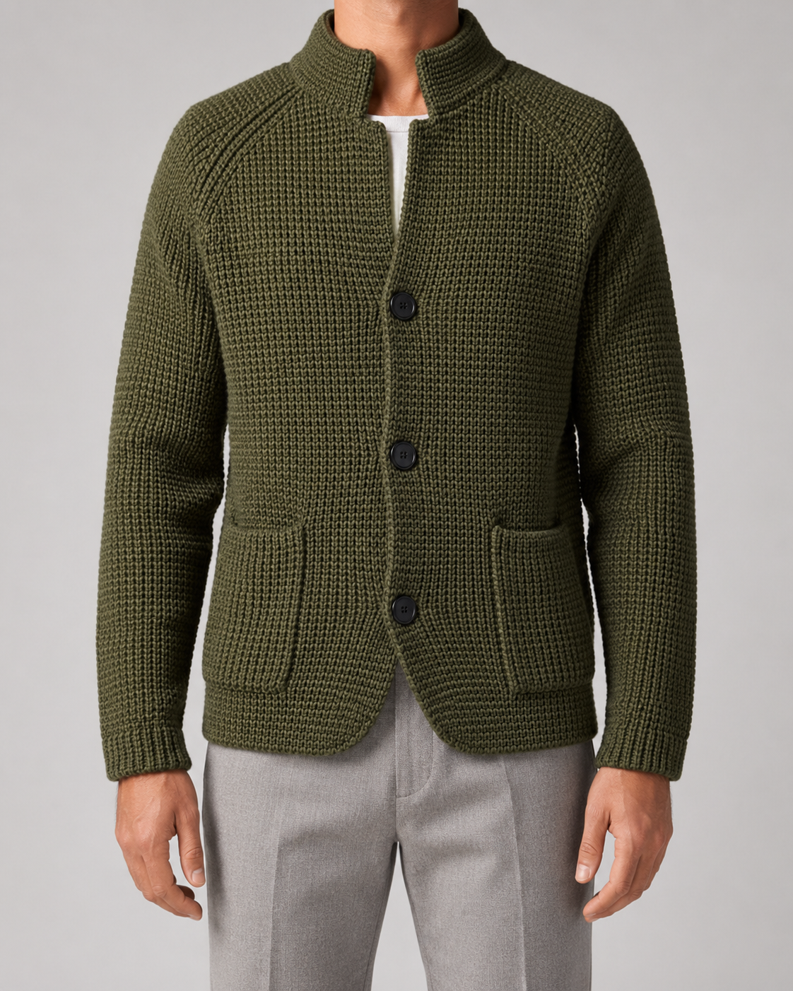 Men’s Chunky Knit Cardigan with Stand Collar