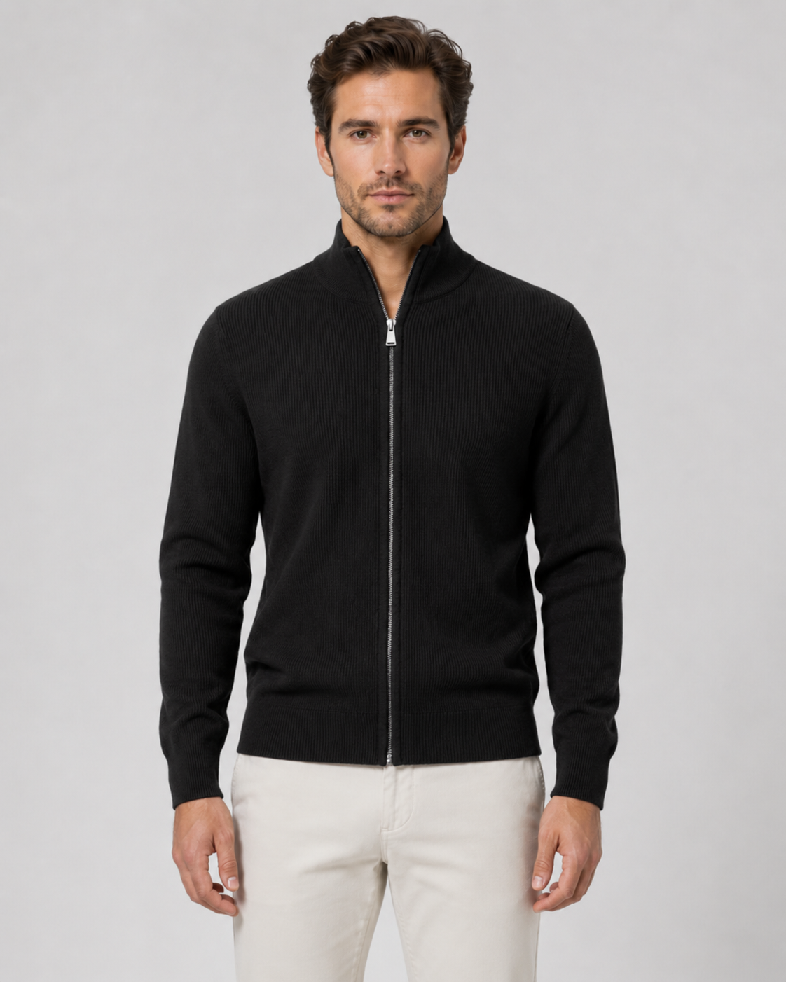 Men’s Full-Zip Knit Cardigan with Stand Collar