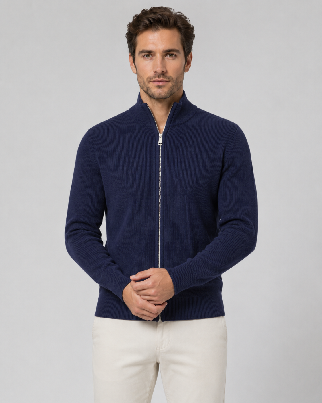 Men’s Full-Zip Knit Cardigan with Stand Collar