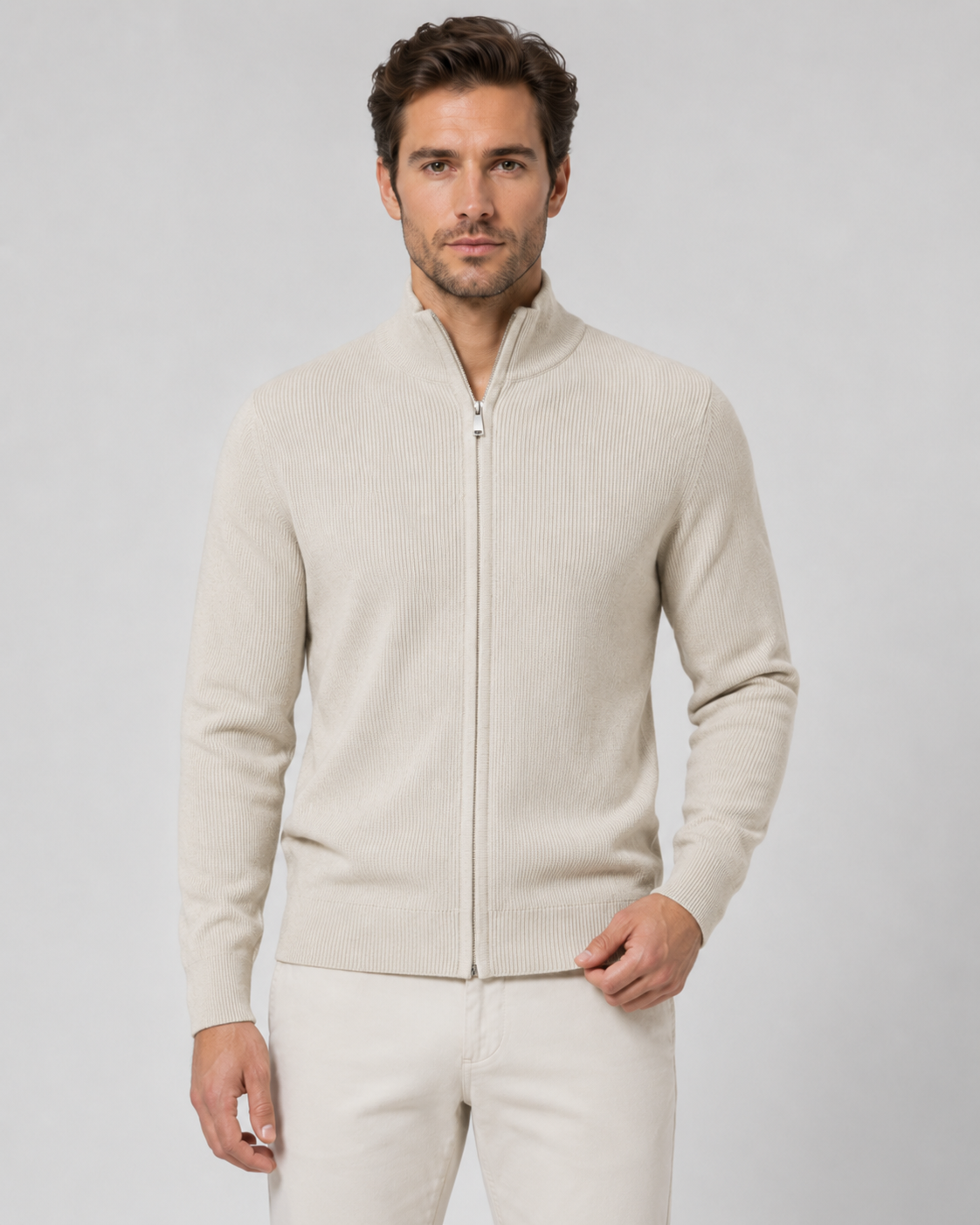 Men’s Full-Zip Knit Cardigan with Stand Collar