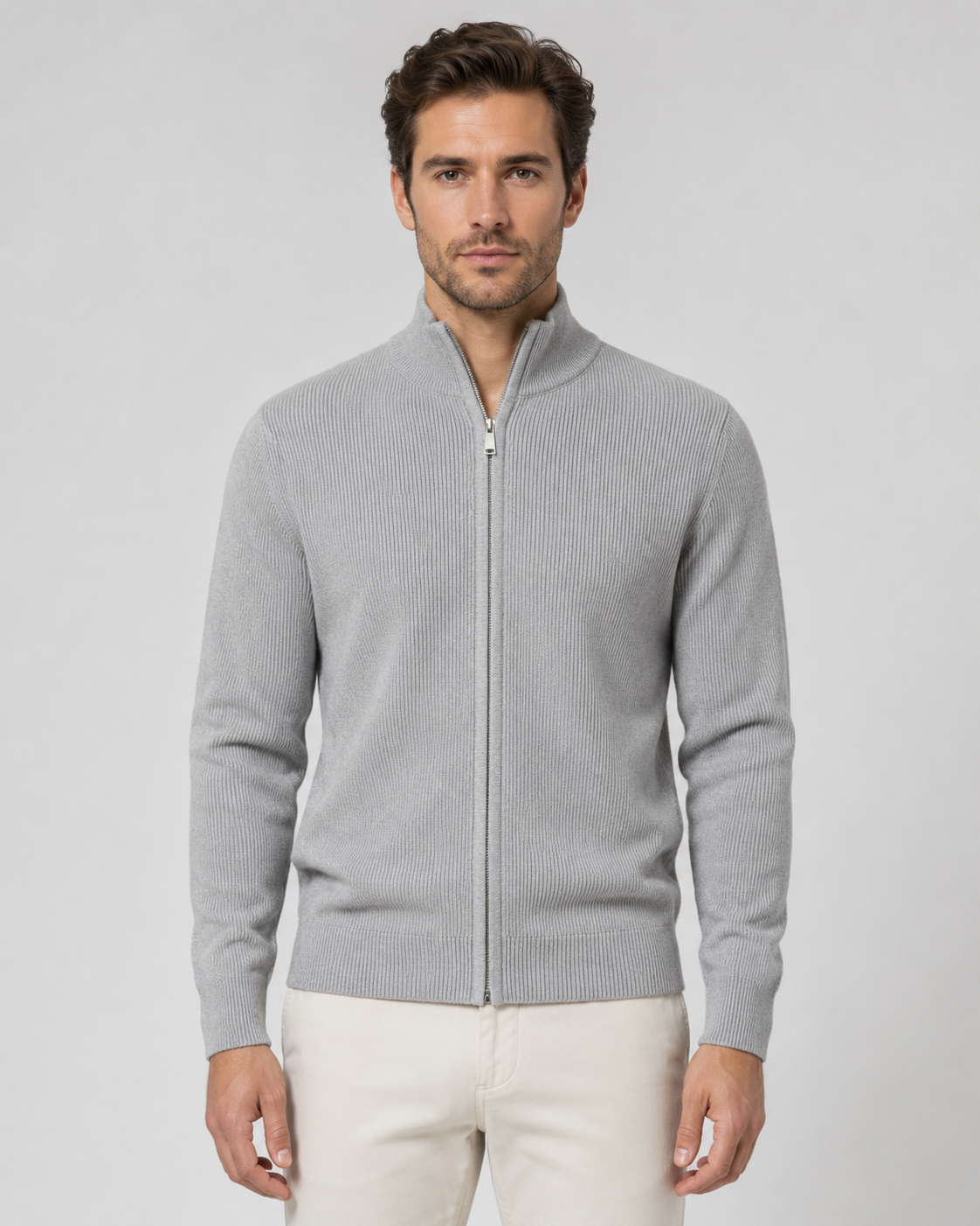 Men’s Full-Zip Knit Cardigan with Stand Collar