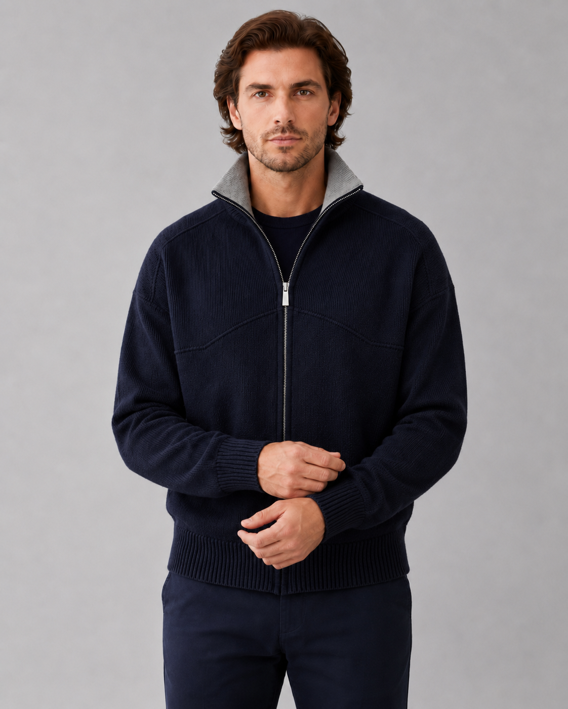 Men’s Full Zip Knit Cardigan – Stand Collar Sweater