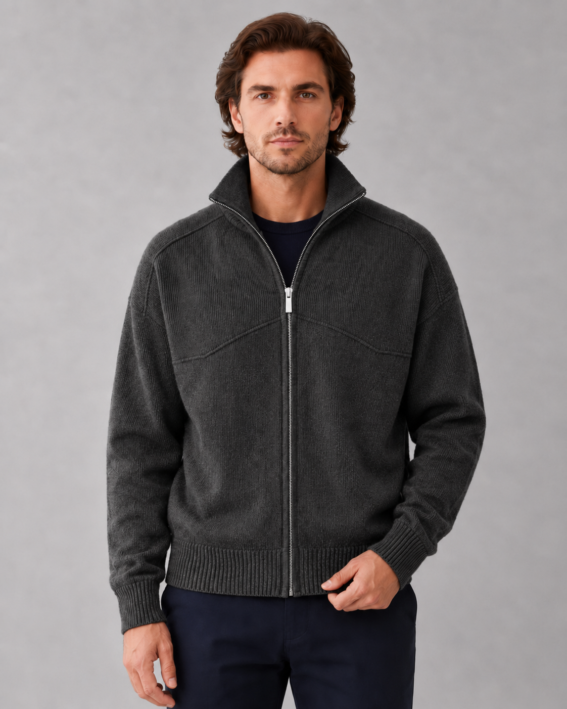 Men’s Full Zip Knit Cardigan – Stand Collar Sweater