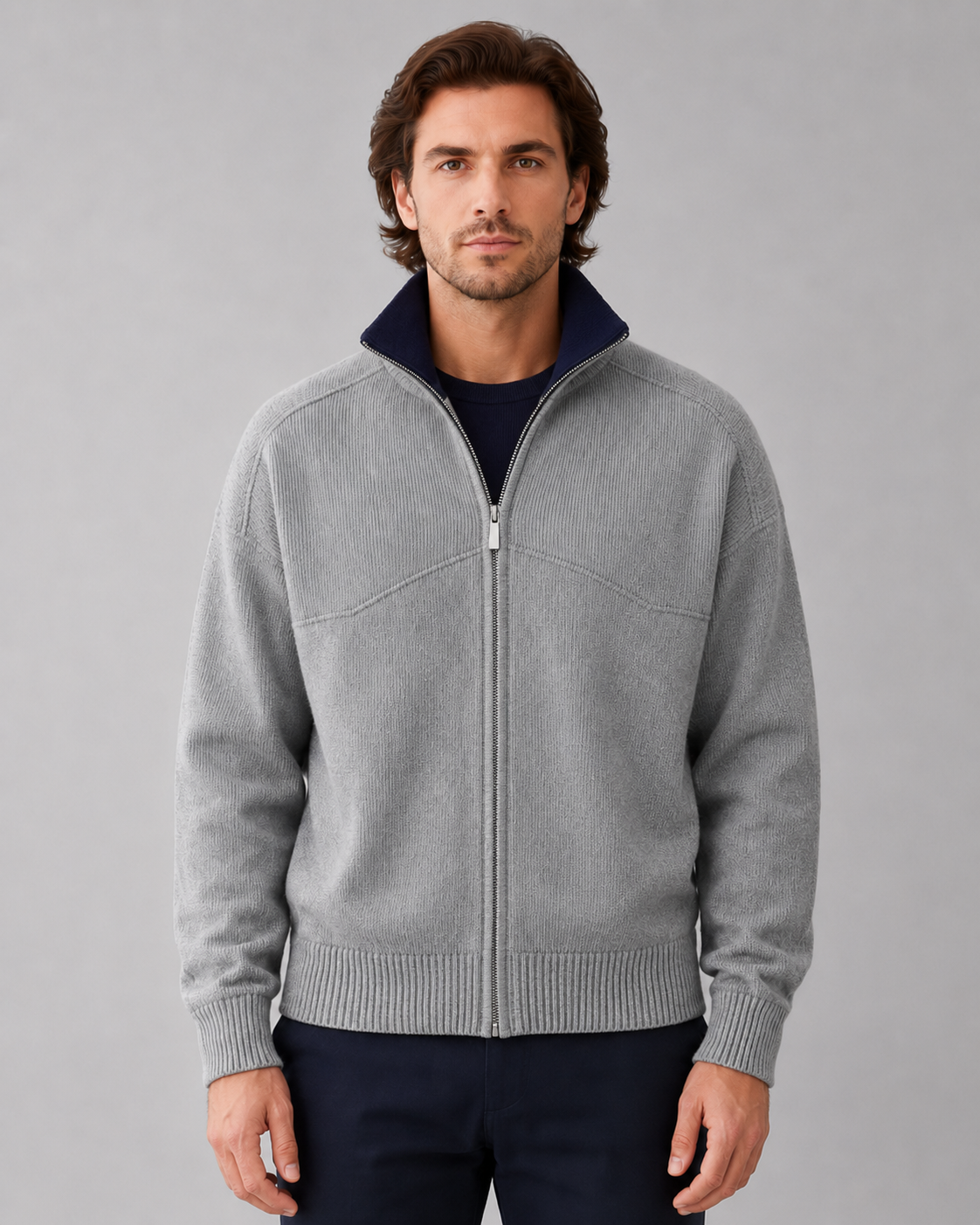 Men’s Full Zip Knit Cardigan – Stand Collar Sweater