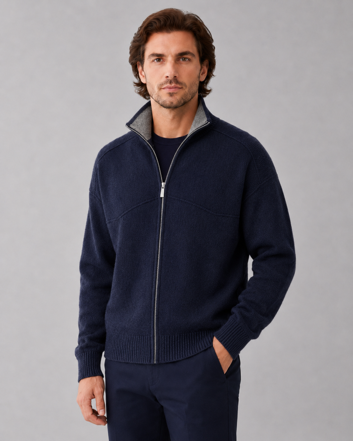 Men’s Full Zip Knit Cardigan – Stand Collar Sweater