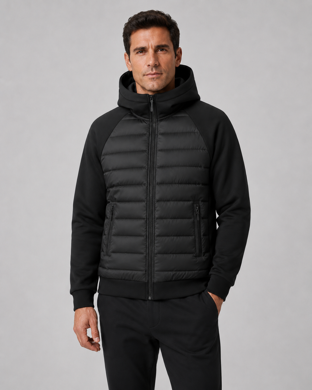 Men’s Hybrid Hooded Jacket – Quilted Padded Zip Design