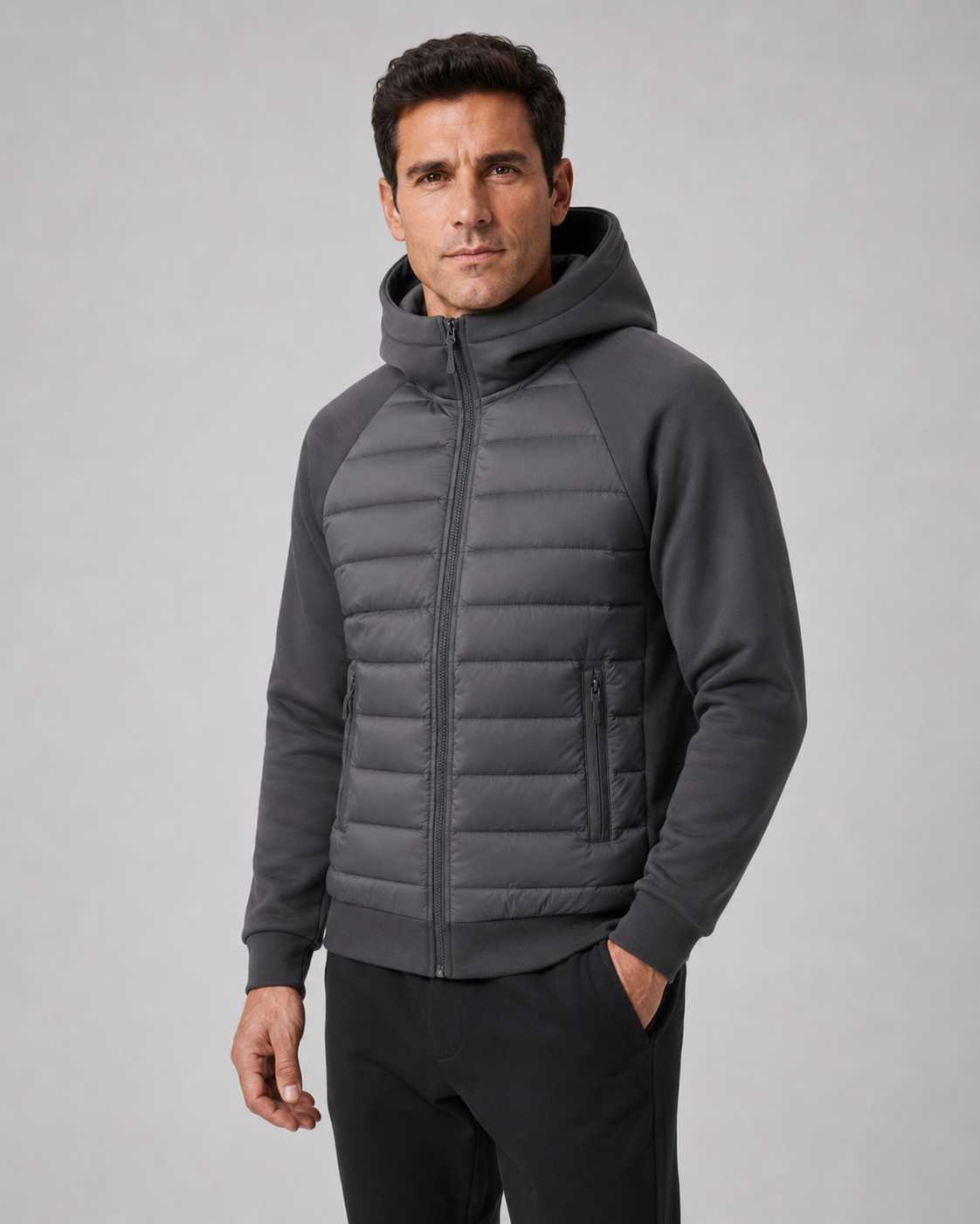Men’s Hybrid Hooded Jacket – Quilted Padded Zip Design
