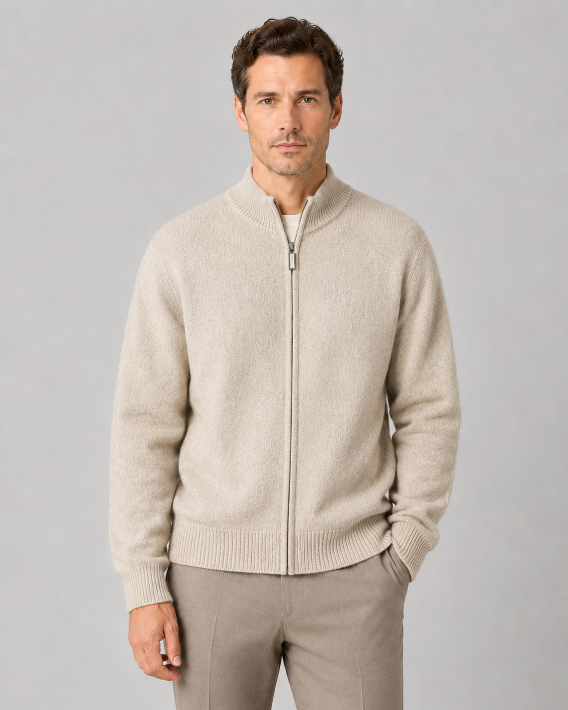 Men’s Merino Wool Zip-Up Cardigan – Stand Collar Knit