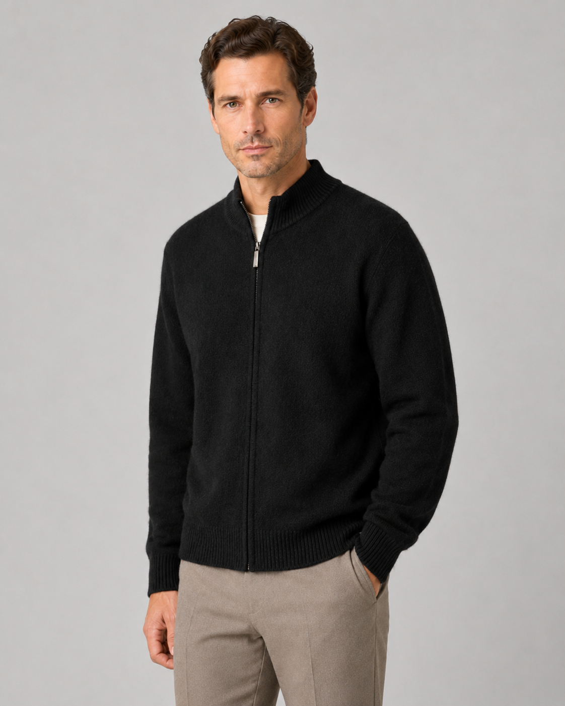 Men’s Merino Wool Zip-Up Cardigan – Stand Collar Knit