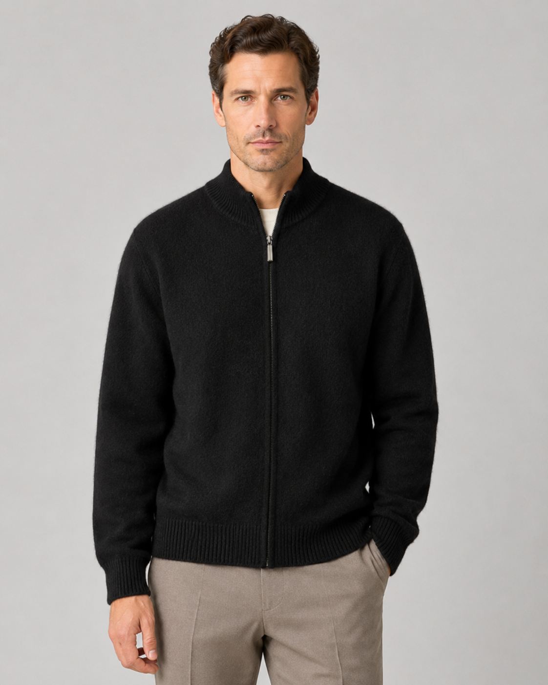 Men’s Merino Wool Zip-Up Cardigan – Stand Collar Knit