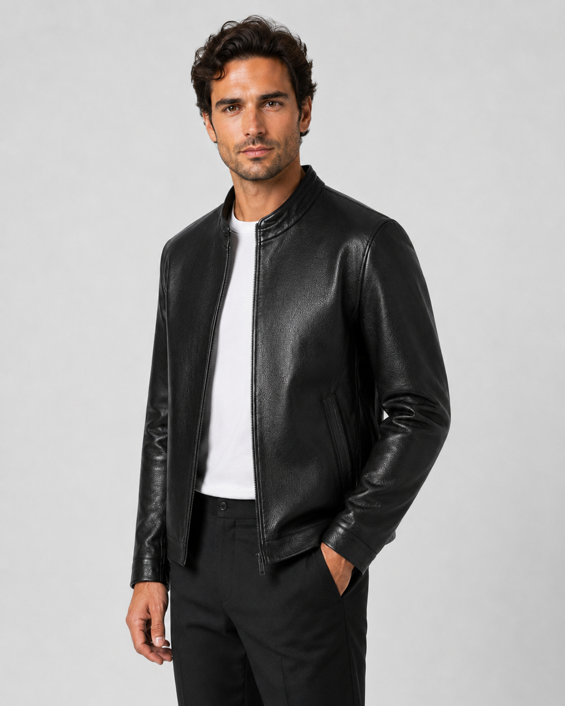 Men’s PU Leather Stand Collar Zip Jacket