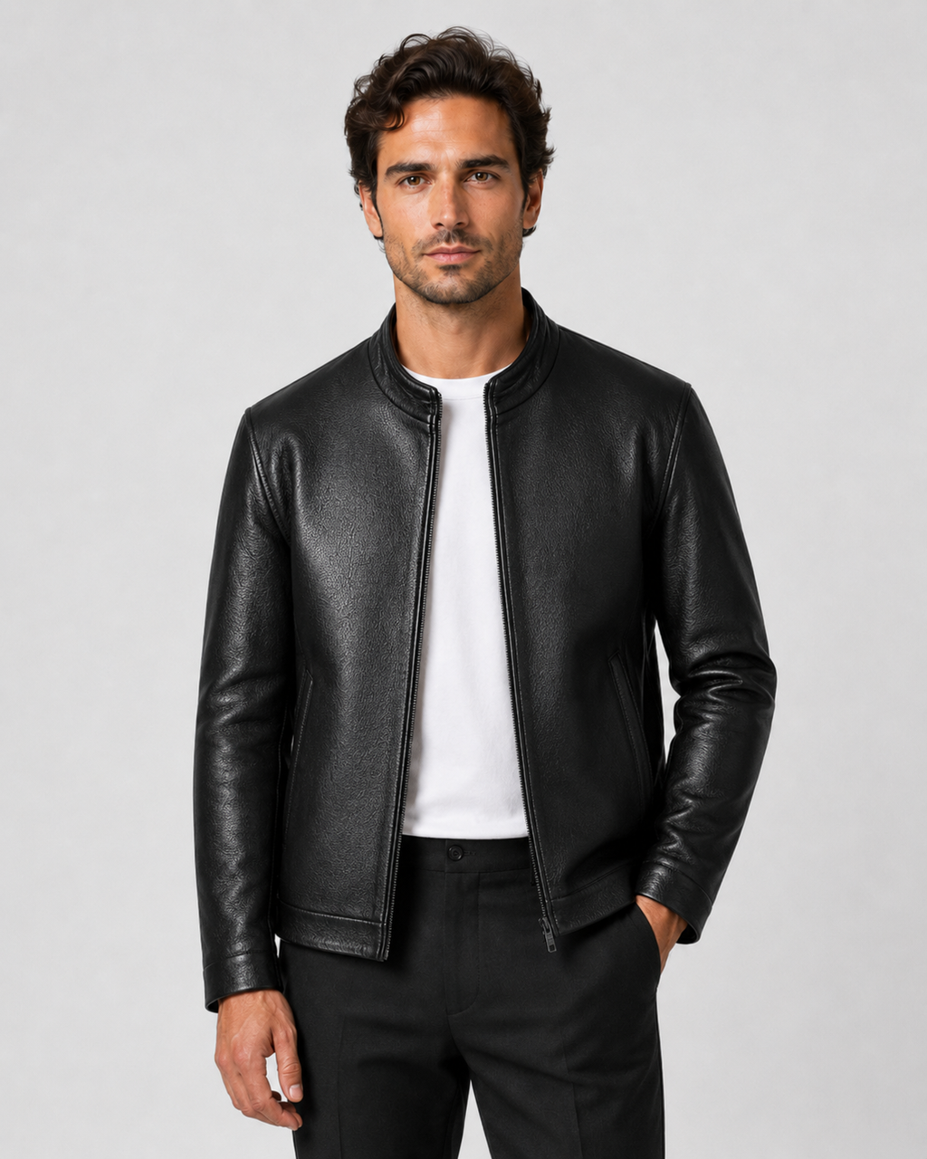 Men’s PU Leather Stand Collar Zip Jacket