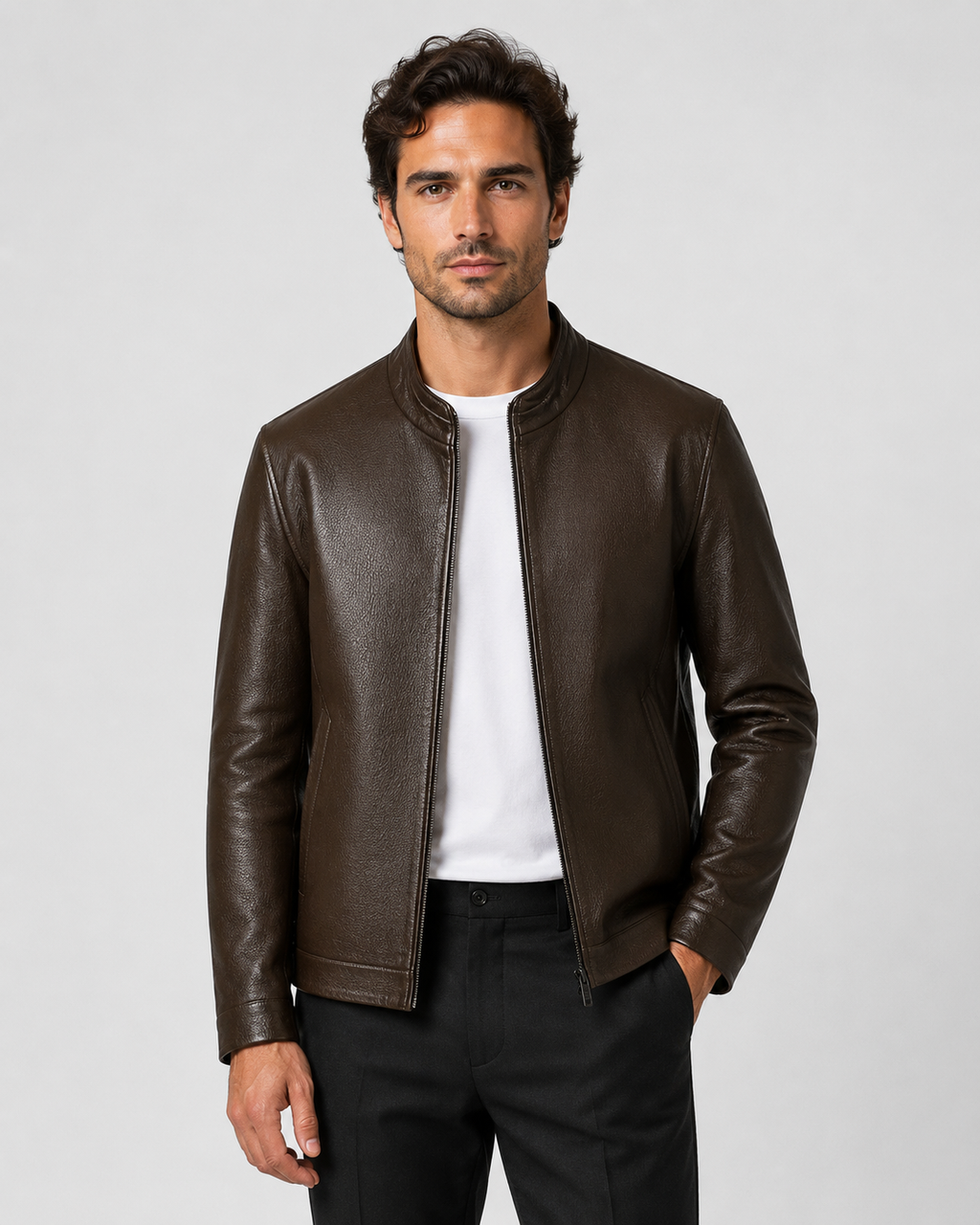 Men’s PU Leather Stand Collar Zip Jacket