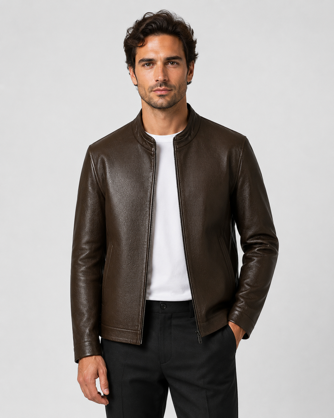 Men’s PU Leather Stand Collar Zip Jacket