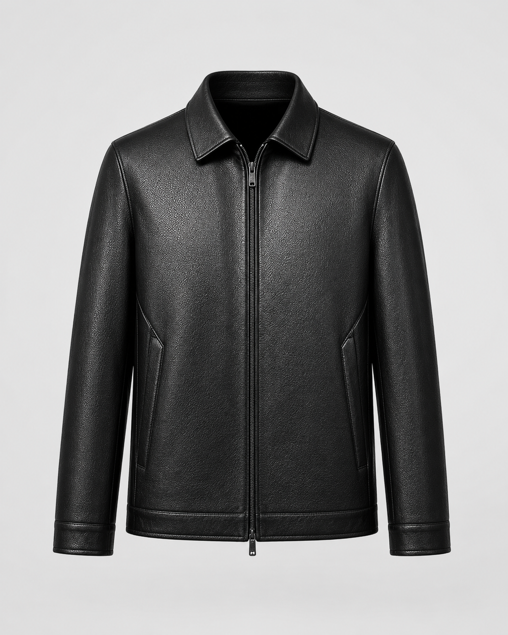 Men’s PU Leather Zip Jacket with Classic Collar
