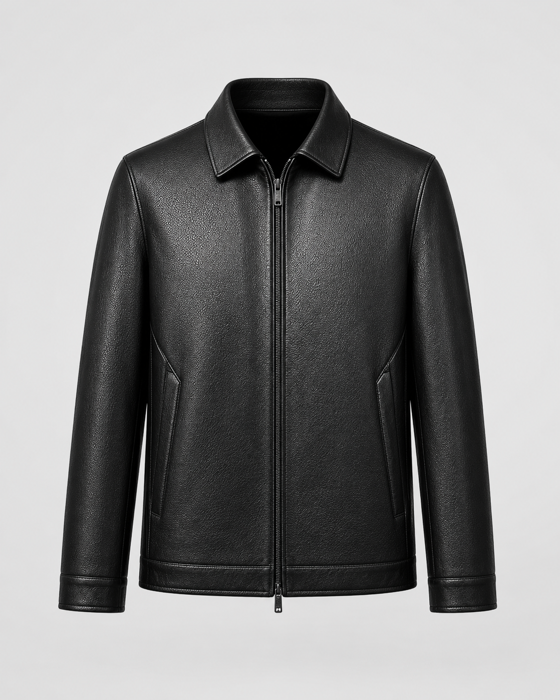 Men’s PU Leather Zip Jacket with Classic Collar