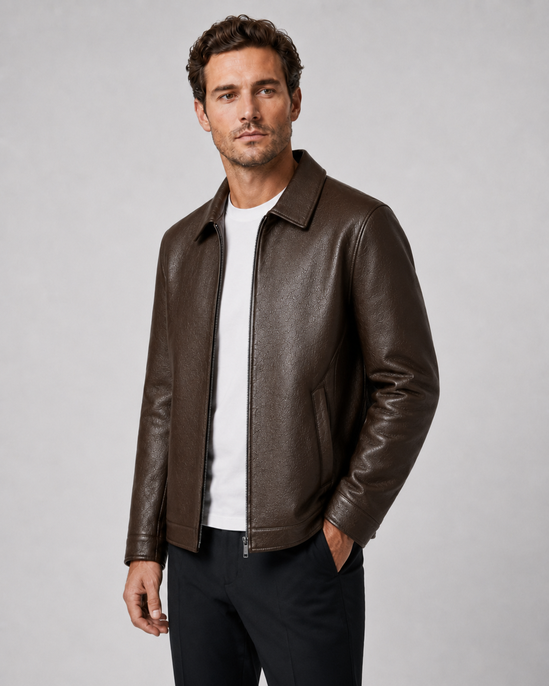 Men’s PU Leather Zip Jacket with Classic Collar