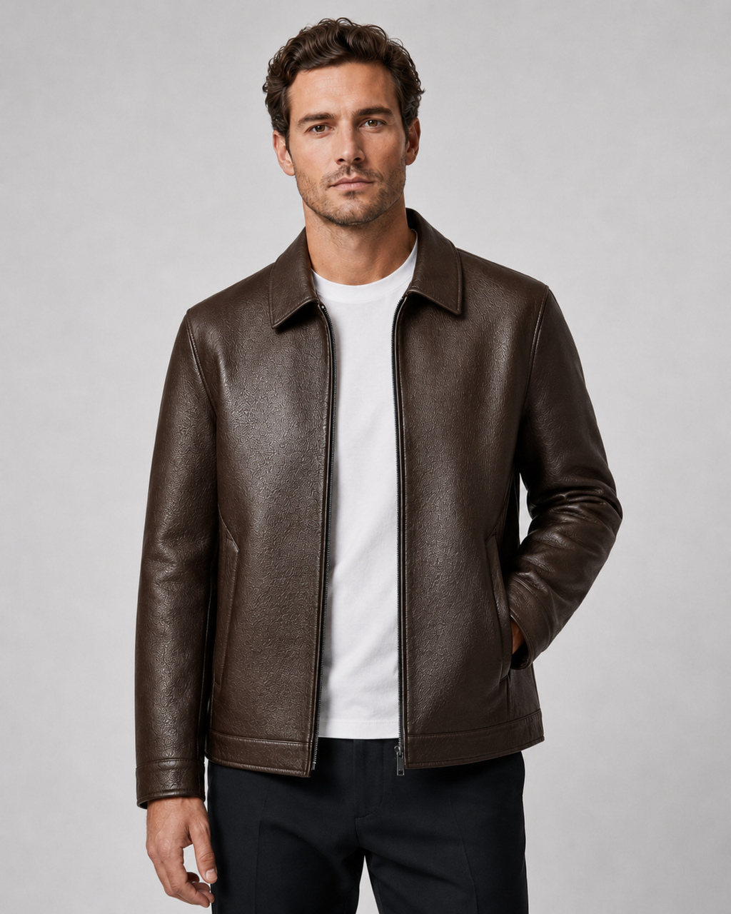 Men’s PU Leather Zip Jacket with Classic Collar