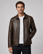 Men’s PU Leather Zip Jacket with Classic Collar