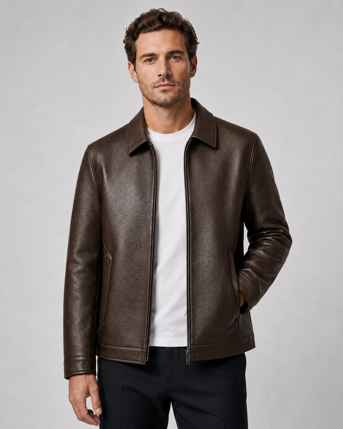Men’s PU Leather Zip Jacket with Classic Collar