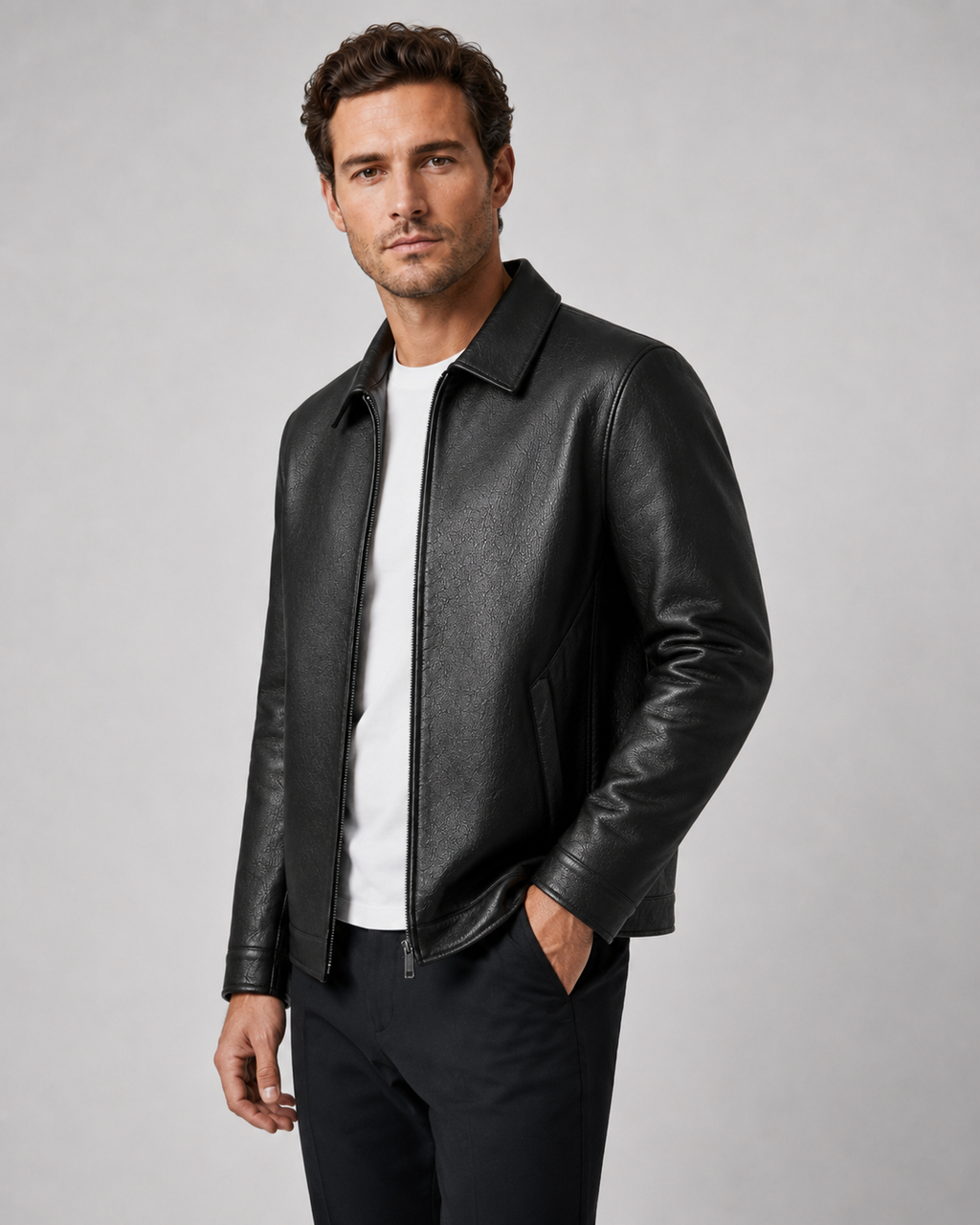 Men’s PU Leather Zip Jacket with Classic Collar