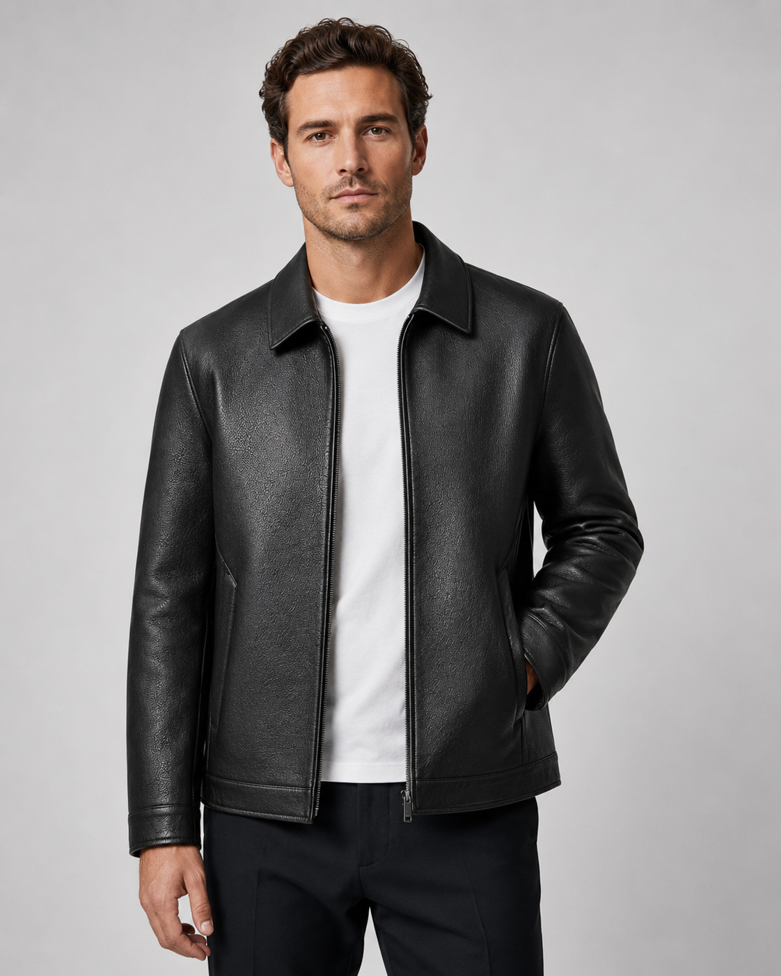 Men’s PU Leather Zip Jacket with Classic Collar