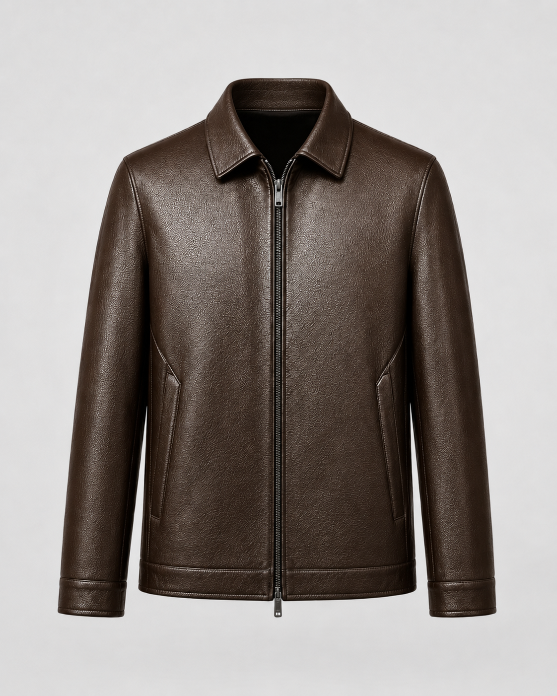 Men’s PU Leather Zip Jacket with Classic Collar
