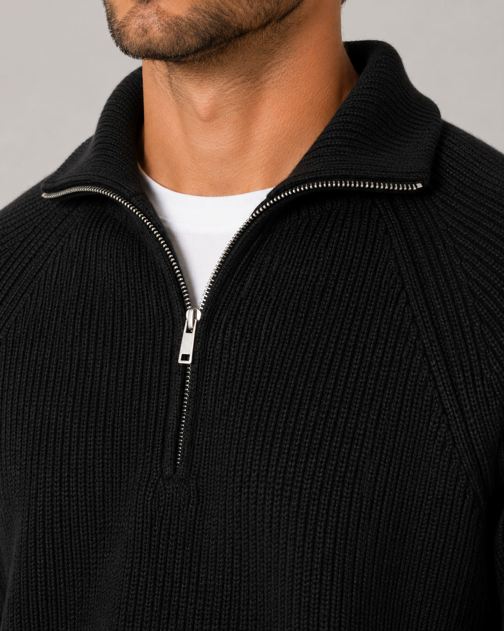Men’s Quarter-Zip Ribbed Knit Sweater – Mock Neck Pullover