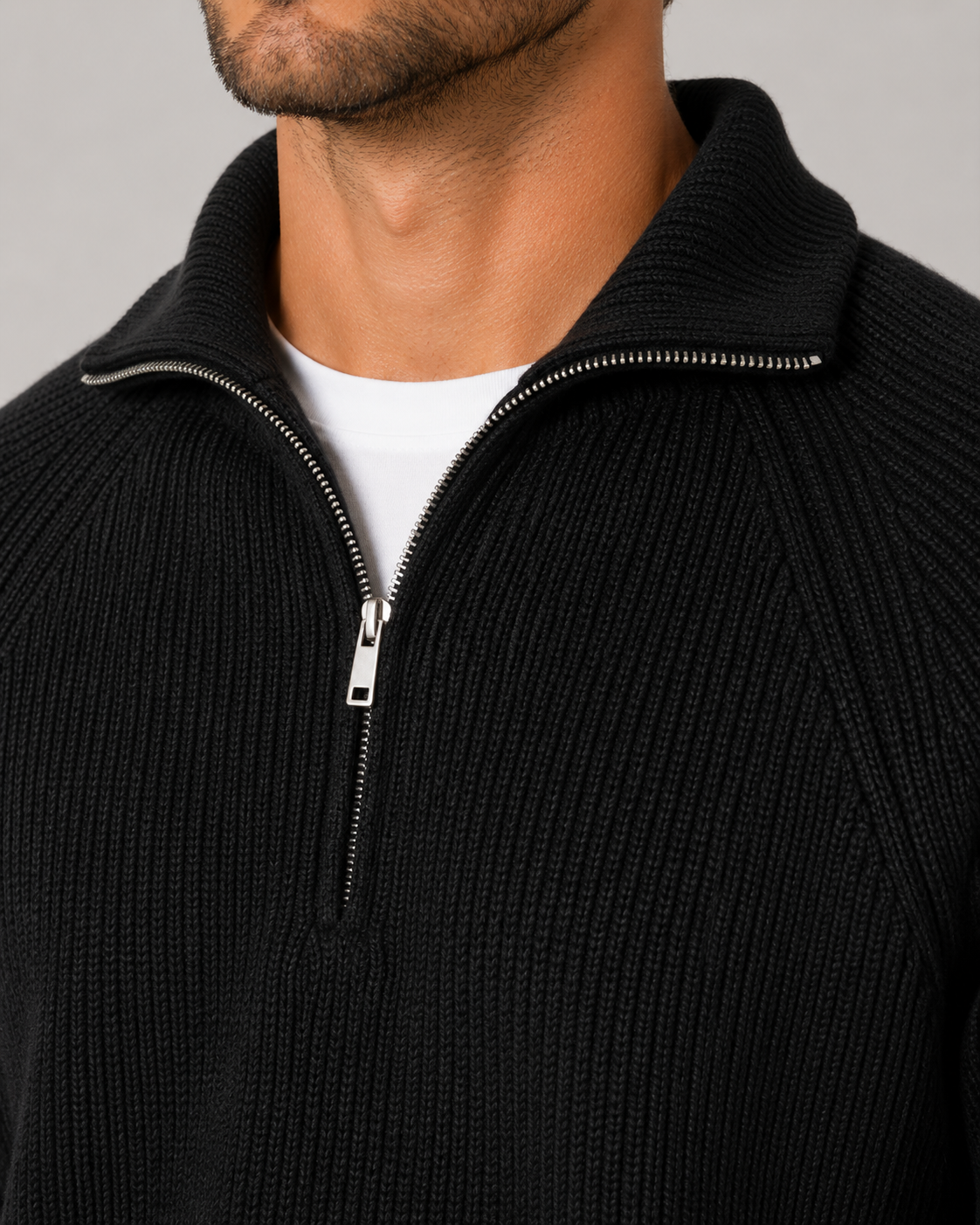 Men’s Quarter-Zip Ribbed Knit Sweater – Mock Neck Pullover