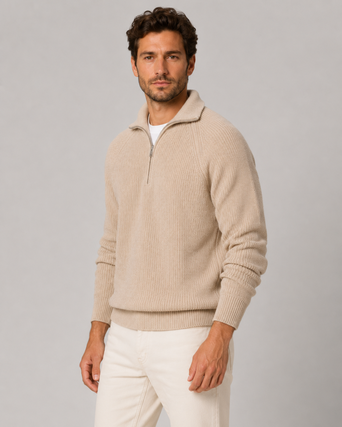 Men’s Quarter-Zip Ribbed Knit Sweater – Mock Neck Pullover