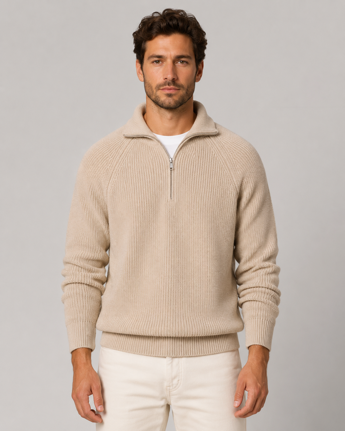 Men’s Quarter-Zip Ribbed Knit Sweater – Mock Neck Pullover