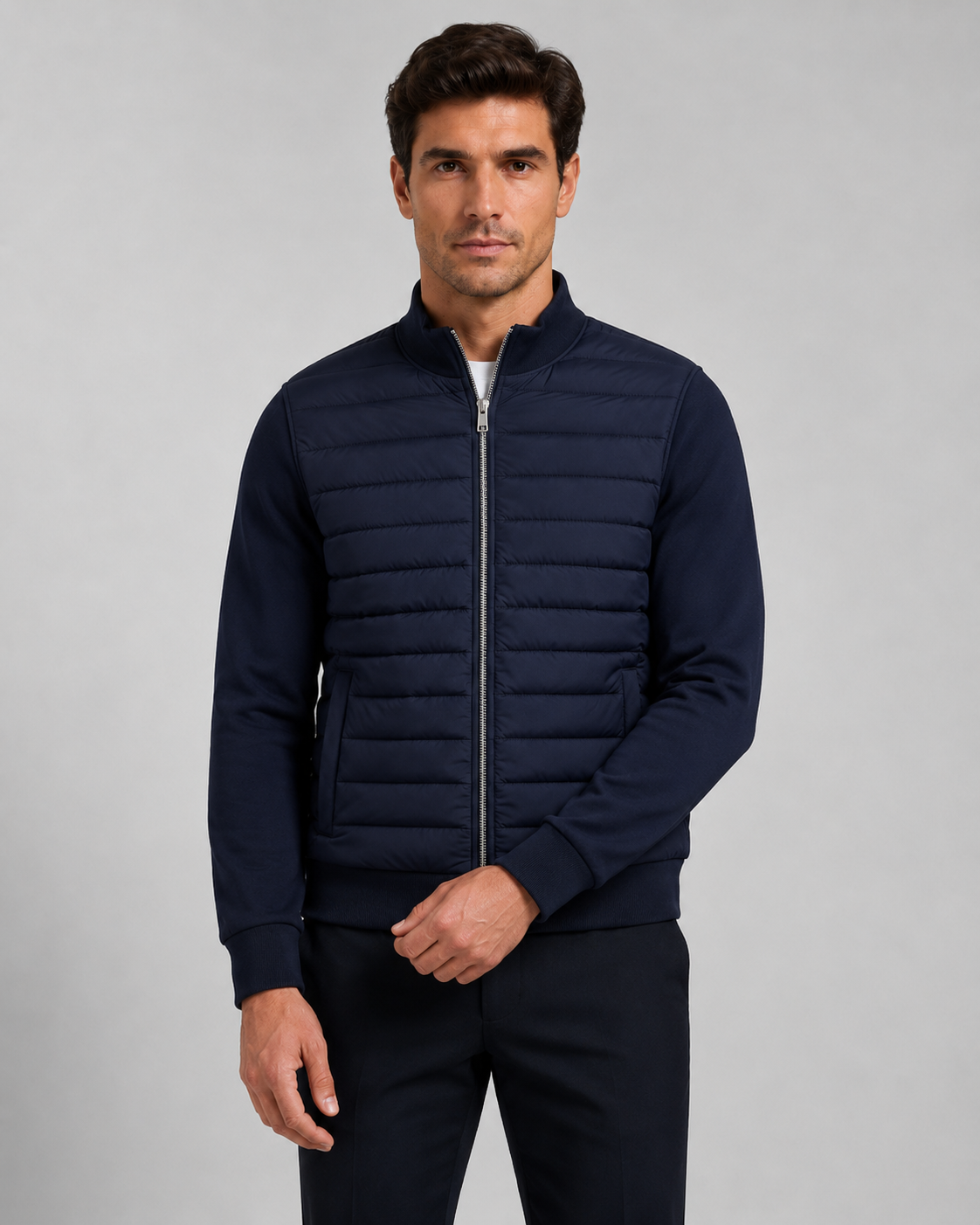 Men’s Quilted Hybrid Jacket – Knit Sleeve Zip Up