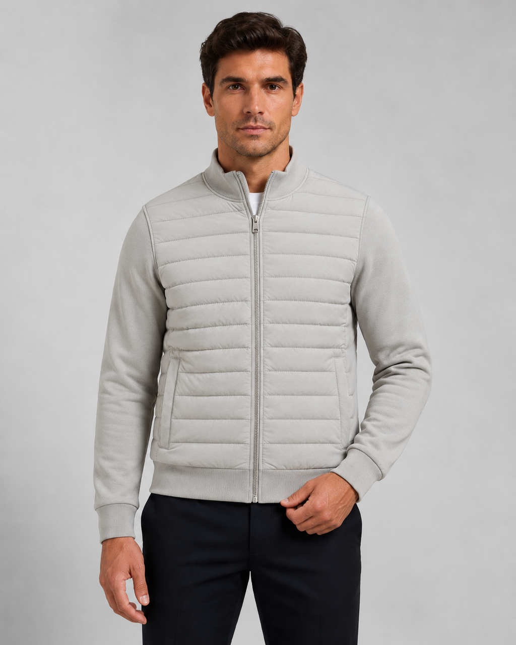 Men’s Quilted Hybrid Jacket – Knit Sleeve Zip Up