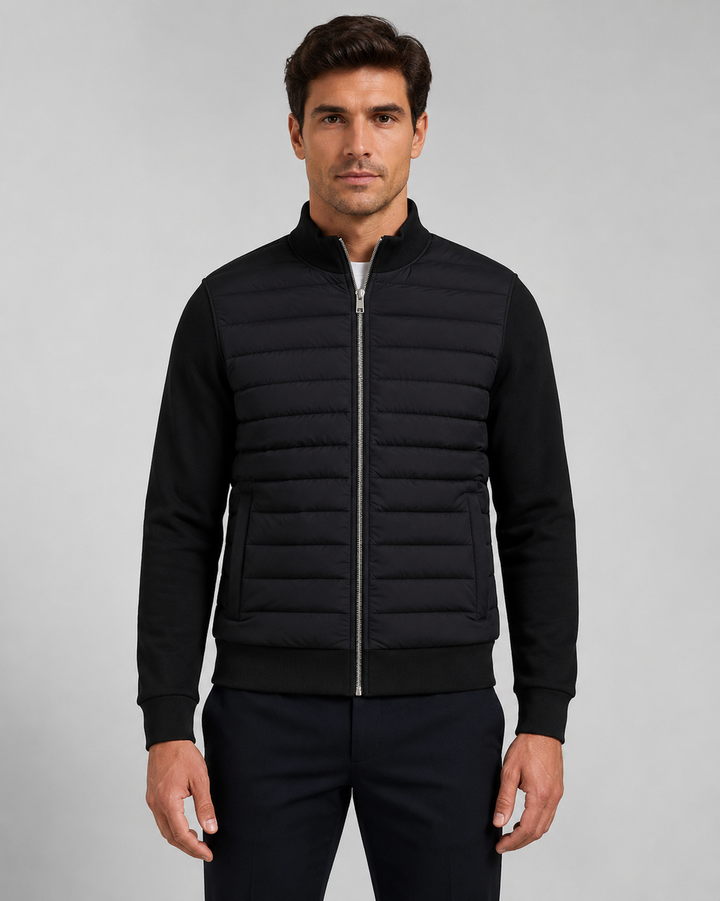 Men’s Quilted Hybrid Jacket – Knit Sleeve Zip Up