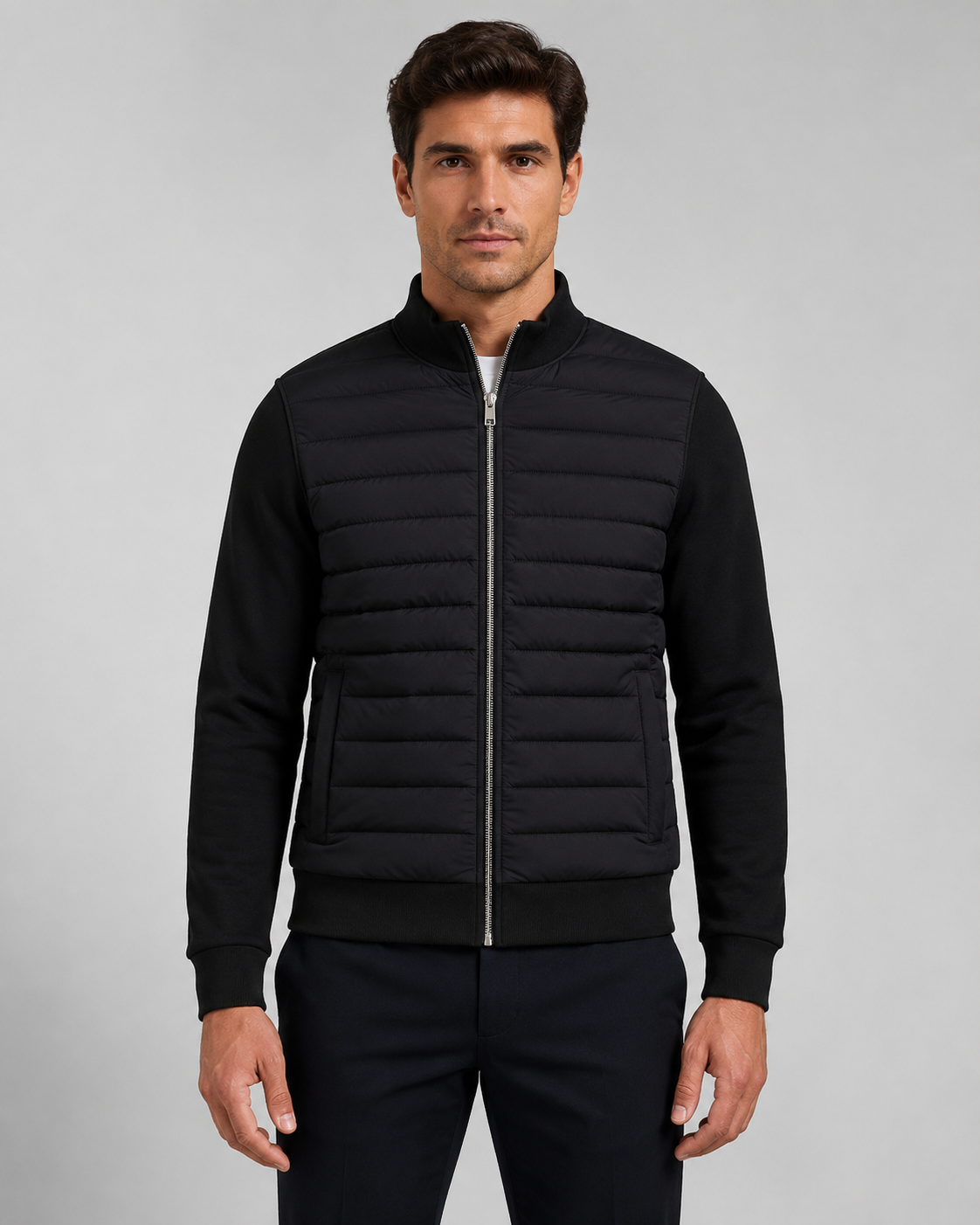 Men’s Quilted Hybrid Jacket – Knit Sleeve Zip Up