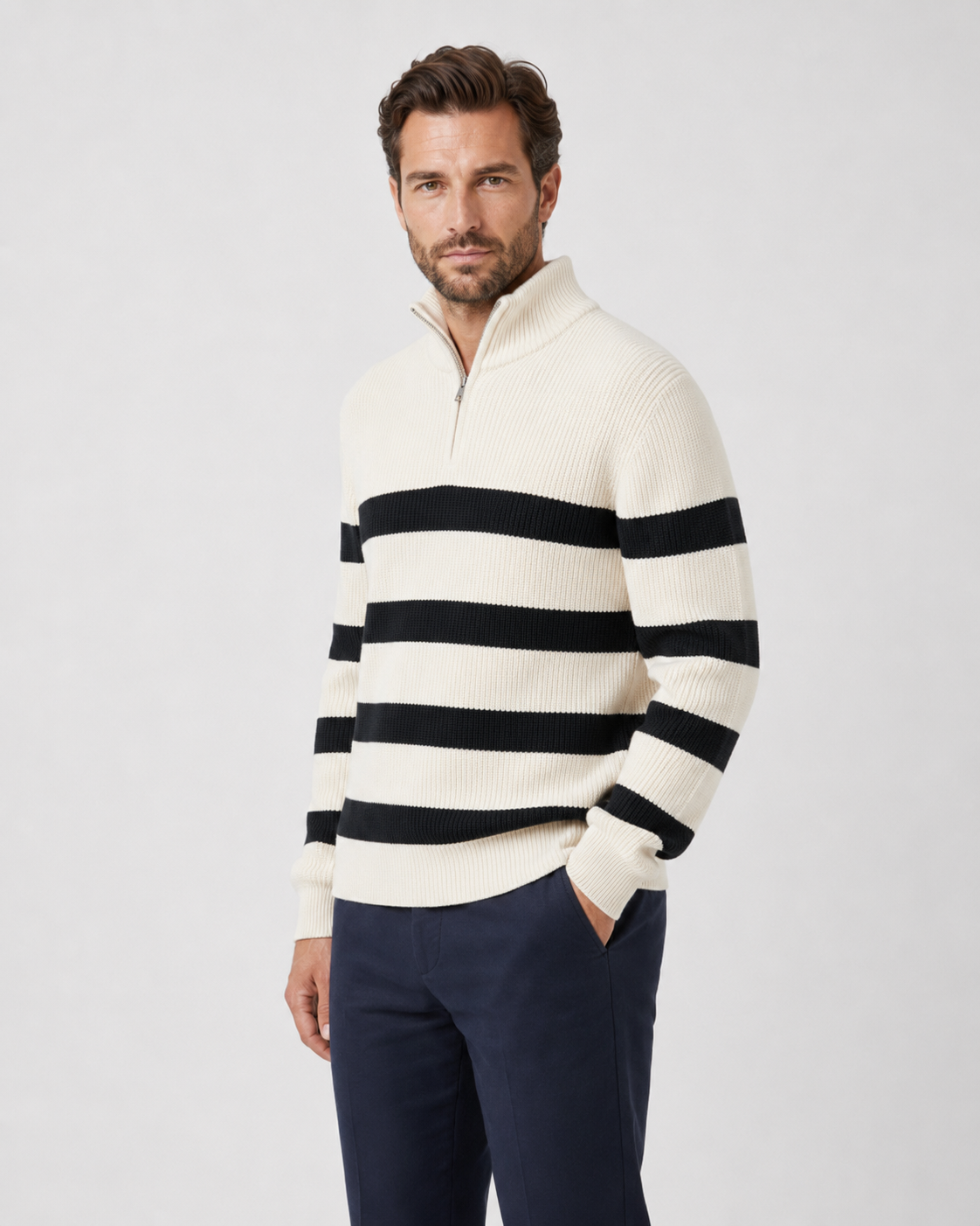 Men's Striped Half Zip Sweater – Ribbed Knit Pullover