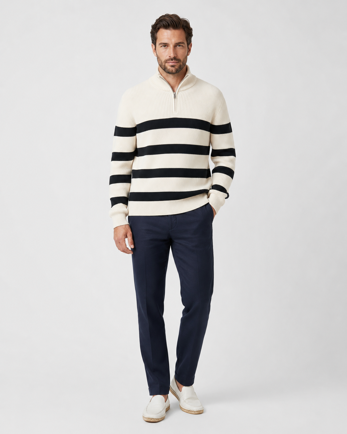 Men's Striped Half Zip Sweater – Ribbed Knit Pullover