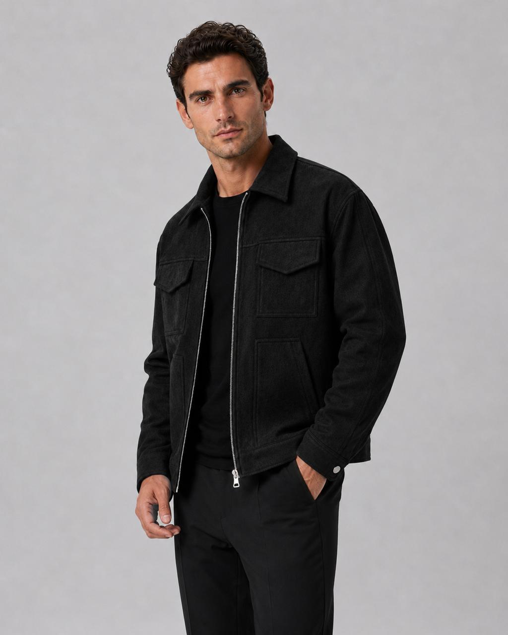 Men’s Suede Utility Jacket – Loose Fit Zip Design
