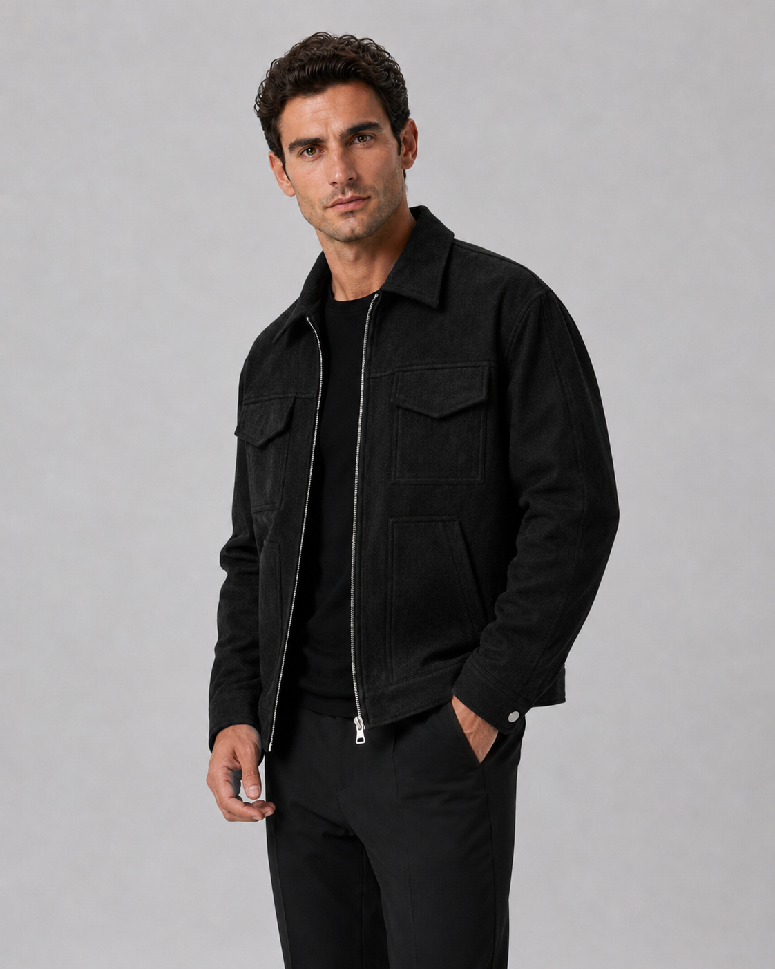 Men’s Suede Utility Jacket – Loose Fit Zip Design