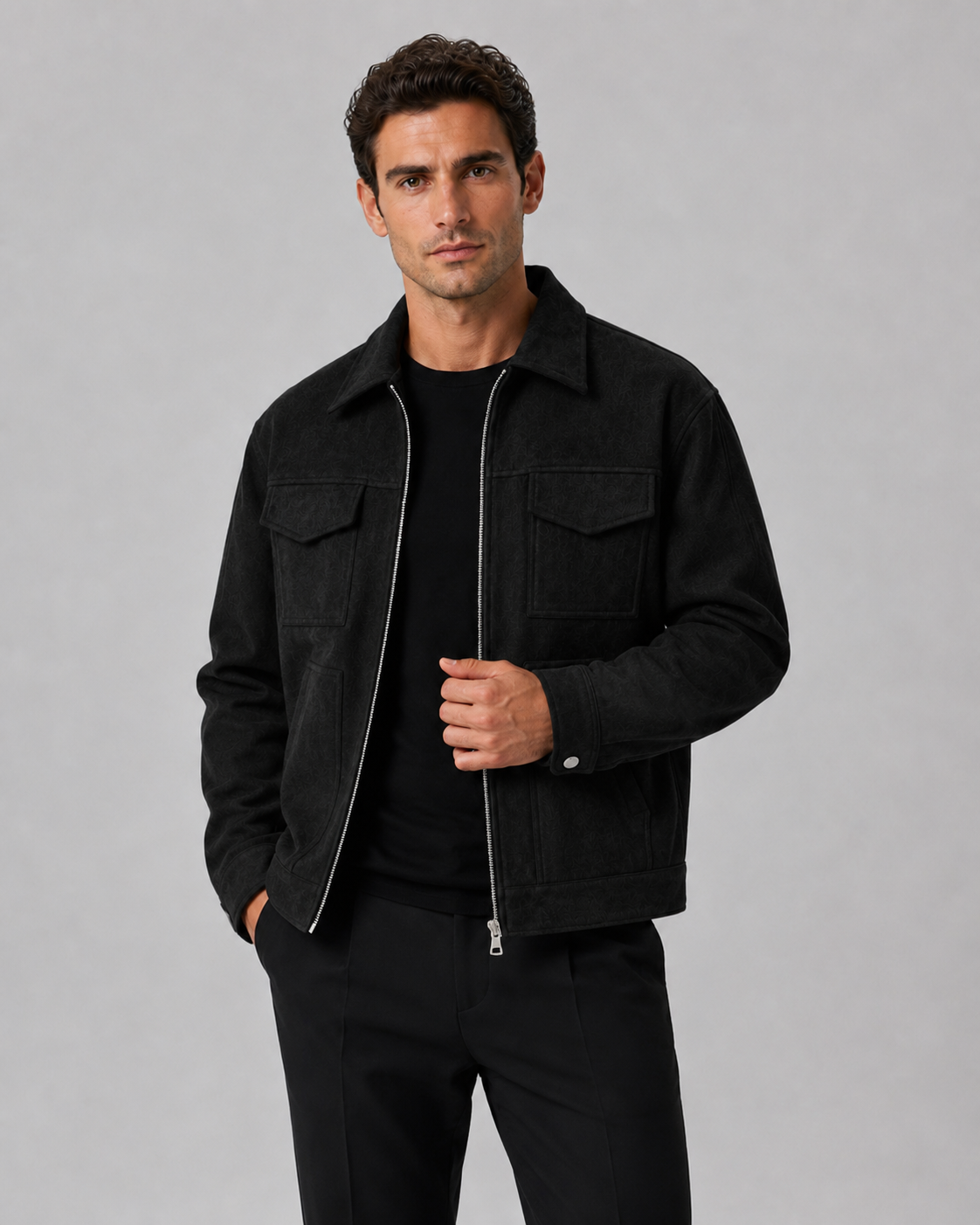 Men’s Suede Utility Jacket – Loose Fit Zip Design