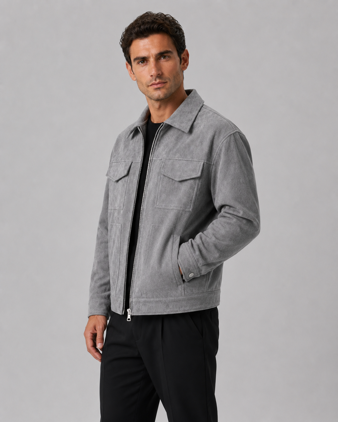 Men’s Suede Utility Jacket – Loose Fit Zip Design