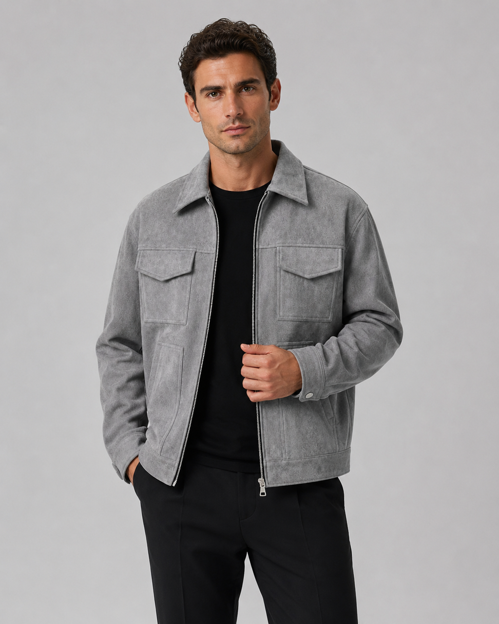 Men’s Suede Utility Jacket – Loose Fit Zip Design