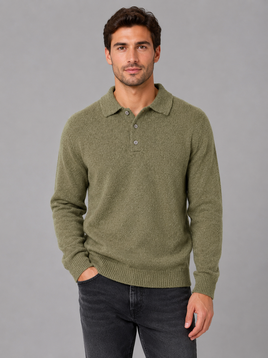 Men's Polo Knit Jumper – Button Long Sleeve Pullover