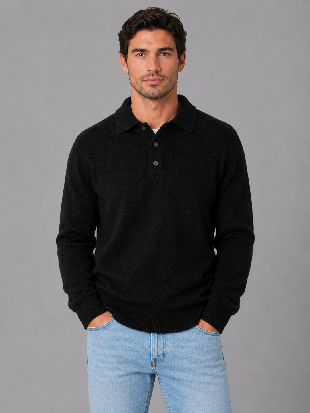Men's Polo Knit Jumper – Button Long Sleeve Pullover