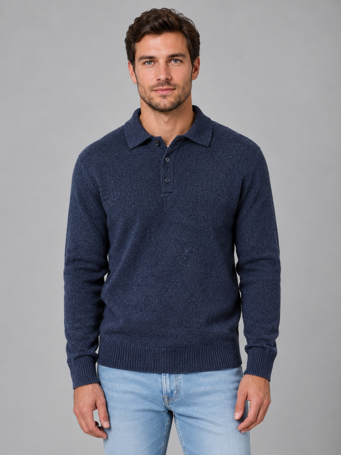 Men's Polo Knit Jumper – Button Long Sleeve Pullover