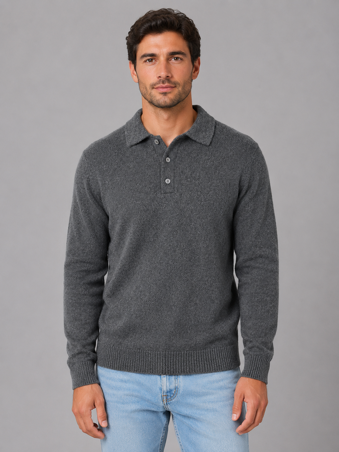 Men's Polo Knit Jumper – Button Long Sleeve Pullover